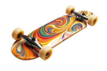 Plastic Skateboard featuring blank abstract swirl pattern isolated on cutout PNG or transparent background. Sport inspired summer fun concept. Plastic mini cruiser beautiful color patterns.