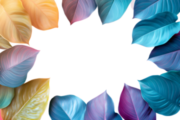 Top view of tropical leaf border frame made surrounded in various fresh green, yellow, purple, blue leaves. Isolated on cut out PNG or transparent background. Greeting cards. Minimal summer.