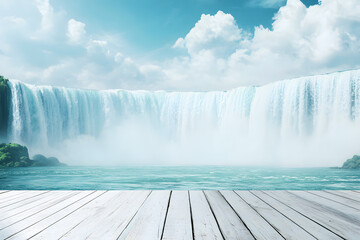 Landscape empty white wooden floor or table with waterfalls white mist, blue water sunny sky with bright sunlight steam is background. Podium for advertising stand display. Realistic nature template.