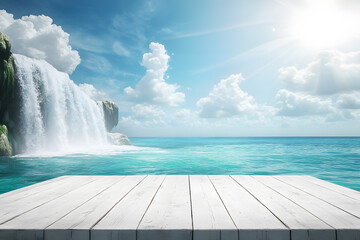 Empty white wooden floor or table with waterfalls, mountains, and white mist, blue water sunny sky is background. Realistic nature template pattern. Podium for advertising stand display.
