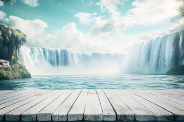 Empty white wooden floor or table with waterfalls, mountains, and green forests, white mist, blue water sunny sky is background. Realistic nature template pattern. Podium for advertising stand display
