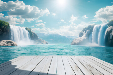 Empty white wooden floor or table with waterfalls, mountains, and green forests, white mist, blue water sunny sky is background. Podium for advertising stand display. Realistic nature template pattern