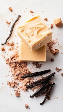 Creamy fudge with vanilla beans and chocolate pieces scattered around. The fusion of two elements concept. Cocoa butter with vanilla bean 