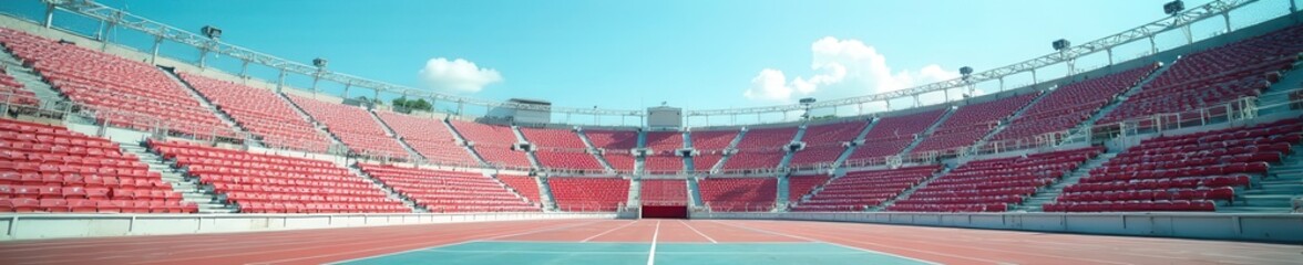 Obraz premium Rows of empty metal bleachers under a clear sky, outdoor stadium, venue