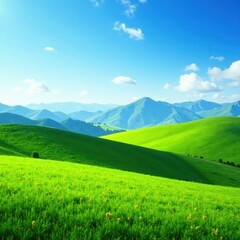 Fototapeta premium Rolling green pastures, distant mountains, clear blue sky , environment, outdoor