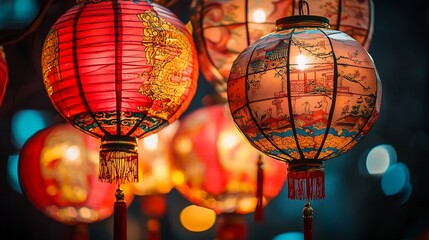 Festive lanterns, vibrant colors, hanging decorations