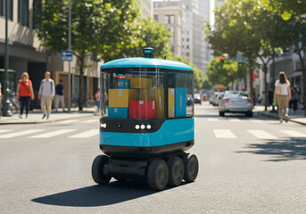 Fototapeta premium Autonomous Delivery Robot on City Street Modern Urban Logistics, Package Transport, Technology.