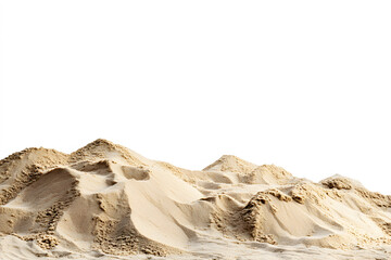 Fototapeta premium Desert sand pile dune light yellow, gold on white background with clipping path. Hill wave heap of dry beach sand. Art from sand piles. copy space. 