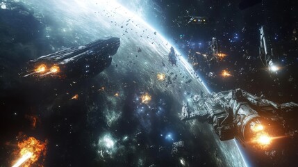 Space warfare scene showcasing detailed spaceships engaged in a dramatic confrontation