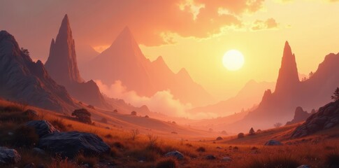 Naklejka premium Soft, hazy light bathes fantastical landscape Abstract shapes float in warm golden hues , golden hour, bizarre, serene