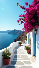 Sun-drenched whitewashed houses, vibrant bougainvillea, azure sea , idyllic, scenery