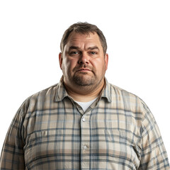 Obraz premium Overweight man stands confidently in a plaid shirt against a simple Transparent background, Overweight Man Portrait isolated on PNG background