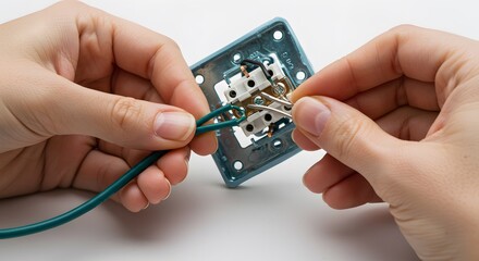Close-up of hands wiring an electrical switch with green and white wires on a white surface, focusing on repair and installation.