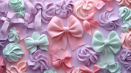 modeling clay arrangement of ribbons, bows, and candy in soft pinks, lavenders, and mint greens, artfully scattered