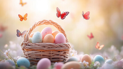 modeling clay card with a 3D basket full of pastel eggs and butterflies, warm spring backdrop