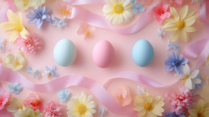 modeling clay Easter background featuring pastel pink, blue, and yellow shapes?eggs, ribbons, and soft flowers arranged symmetrically