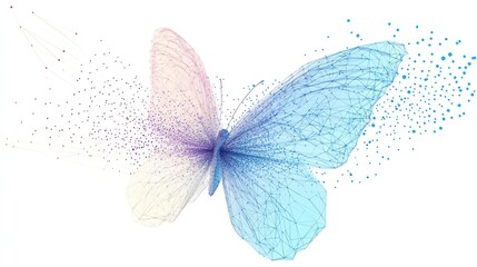 Pastel butterfly digital art, particle trails, white background, transformation concept