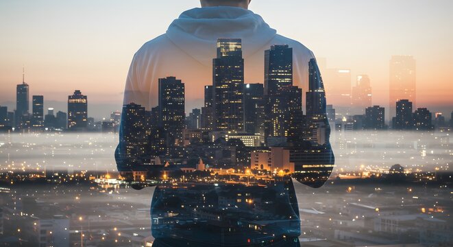 Person overlooking city skyline at twilight, creating a double exposure effect with the urban landscape and their own form.