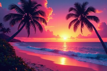 Vibrant sunset hues paint Hawaiian beach, palm trees silhouetted , stock, paradise
