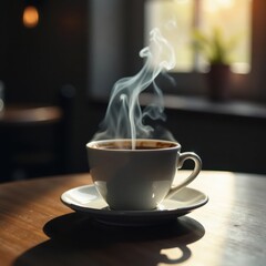 Smoke rises from a coffee cup on a wooden table, steam, tabletop