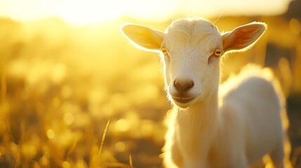 Obraz premium Baby Goat Standing in Field at Golden Hour Sunlight
