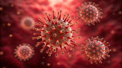 Pathogens Microbes Infectious Disease concept, Microscopic view of virus particles in a red environment, illustrating infectious activity.