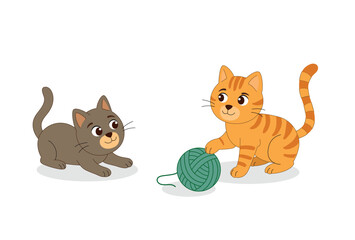Two Cute Cats Playing with Yarn - Adorable Cartoon Kittens
