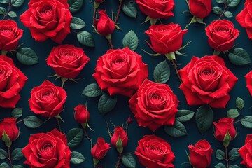 Obraz premium Top View Fresh Red Roses Floral Pattern Wallpaper Design