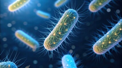 Obraz premium Pathogens Microbes Infectious Disease concept, Microscopic view of bacteria with flagella, showcasing intricate details and vibrant colors.