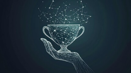 Hand holding digital trophy, network data, dark background, success concept
