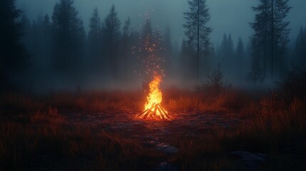 Campfire in Foggy Forest