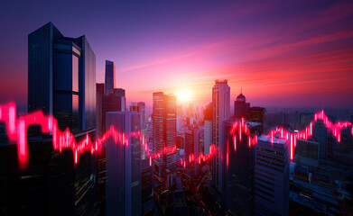 City skyline at sunset with a glowing red stock market graph overlay symbolizing financial trends. 
