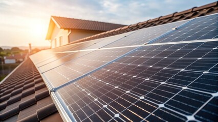 A rooftop solar panel installation captures sunlight, converting it into energy, with a warm sunset illuminating the scene.