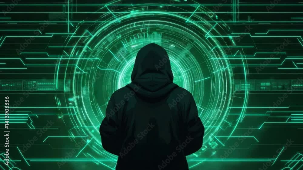 Wall mural mysterious figure in hooded cloak against futuristic cyber background with digital patterns and glow