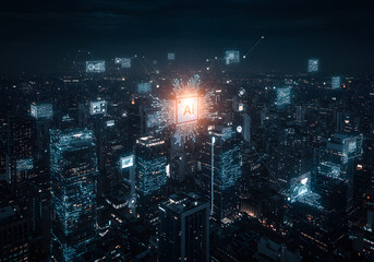 Fototapeta premium Futuristic AI Cityscape Artificial Intelligence Over Urban Development, Network and Technology
