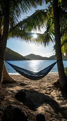 A hammock tied between palm trees overlooking sunset over calm ocean.