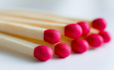 Red-tipped wooden matches neatly aligned in a row on a light gray background. 
