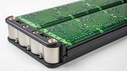 A close-up image of a battery pack featuring green circuit board patterns and metal cylindrical cells.