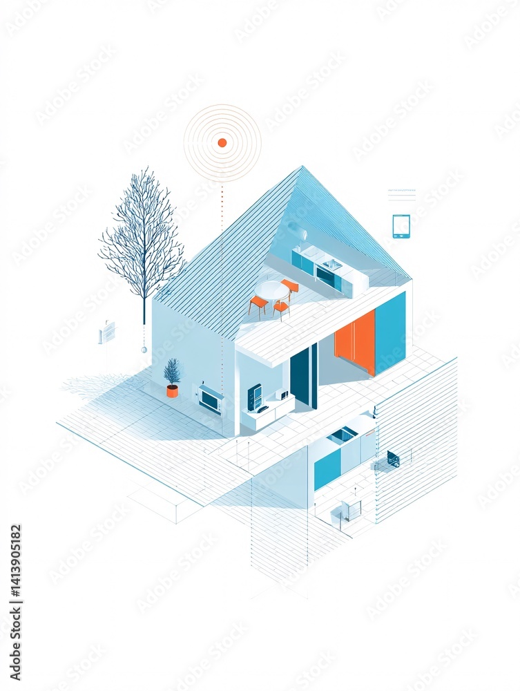Poster a minimalist depiction of a futuristic smart home interior showcases an array of modern smart home c
