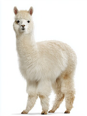 Fototapeta premium Full body portrait of a white fluffy alpaca isolated on white background 흰색 배경에 고립된 흰색 복슬복슬한 알파카 전신 사진