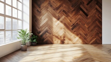 Sunlit Modern Interior with Herringbone Wood Wall
