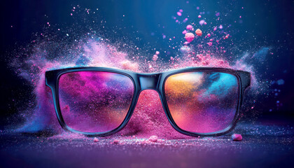 Vibrant glasses reflecting colorful particles in a dynamic scene.