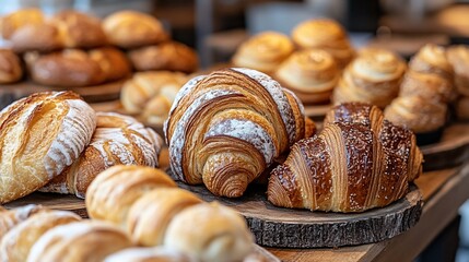 Fresh baked pastries. Variety of breads and croissants
