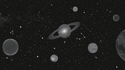 Wireframe planets, stars, constellations, space background, cosmic design