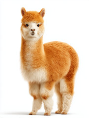 Obraz premium Cute fluffy alpaca standing on white background, full body view 하얀 배경 위에 서 있는 복슬복슬 귀여운 알파카 전신