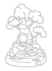 Black and white tree house coloring page design. Fun and creative line art for kids, perfect for coloring books, worksheets, and printable art activities.