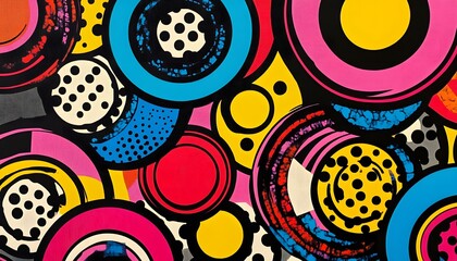 Abstract colorful geometric pattern with circles, dots, and black outlines