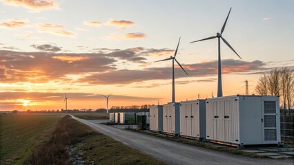 Renewable Energy Storage concept, Wind turbines stand against a colorful sunset, with energy storage containers in the foreground.