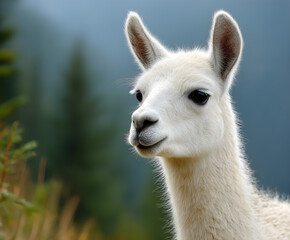 Obraz premium Close-up portrait of white alpaca in mountain nature 산속 자연에서 흰 알파카 클로즈업 초상