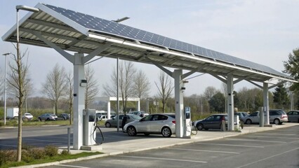 Renewable Energy Storage concept, Electric vehicle charging station with solar panels, surrounded by parked cars and trees.